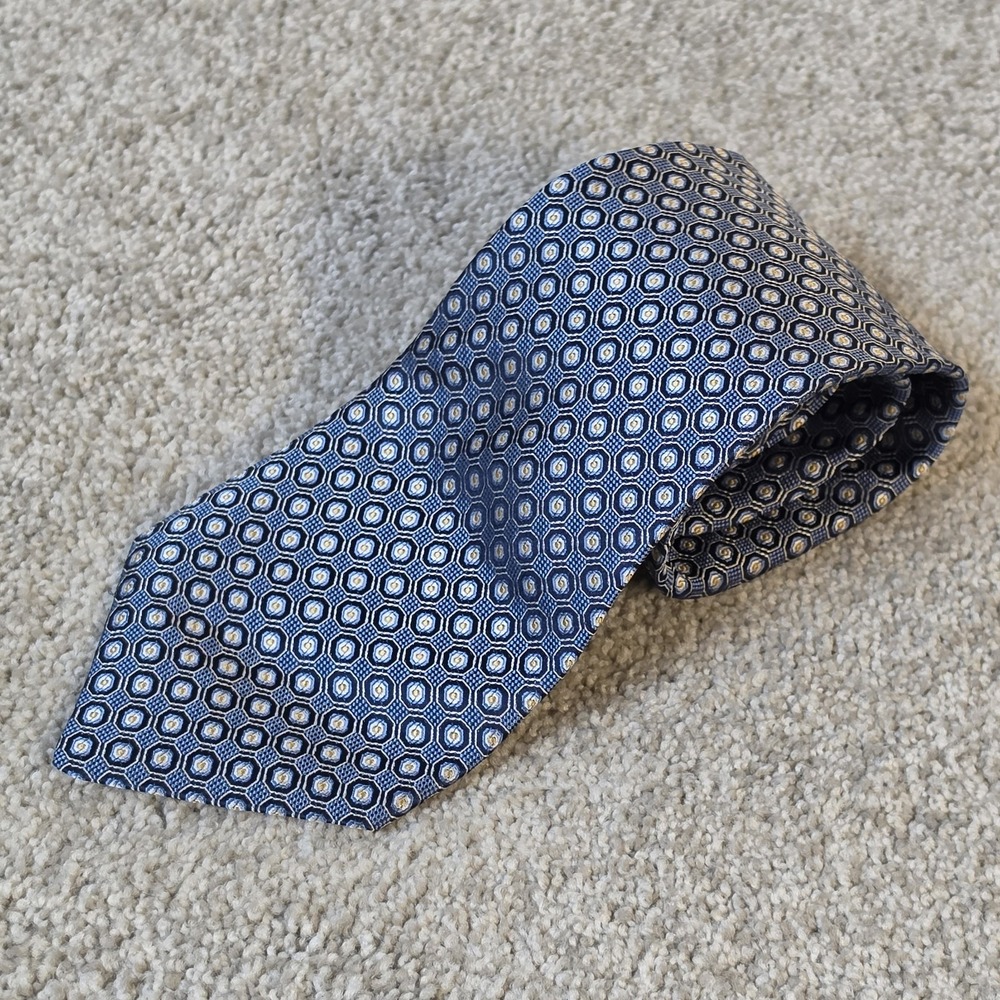 Canali Men's Silk Tie Blue Gold Geometric Medallion Made in Italy 3.75" Luxury